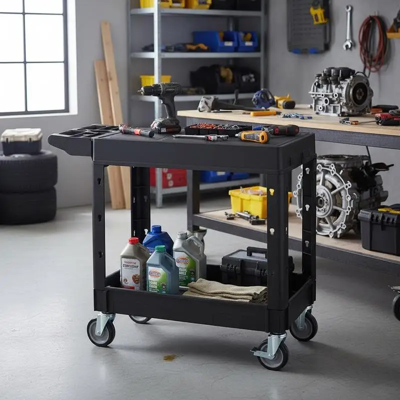 Chariot à outils, capacité de charge 250 kg, chariot d'atelier, chariot multi-usage en plastique avec deux étagères et rotation à 360° °   roulettes pivotantes (2 avec freins), adaptées pour entrepôt, garage, nettoyage, 1015x450x850 mm