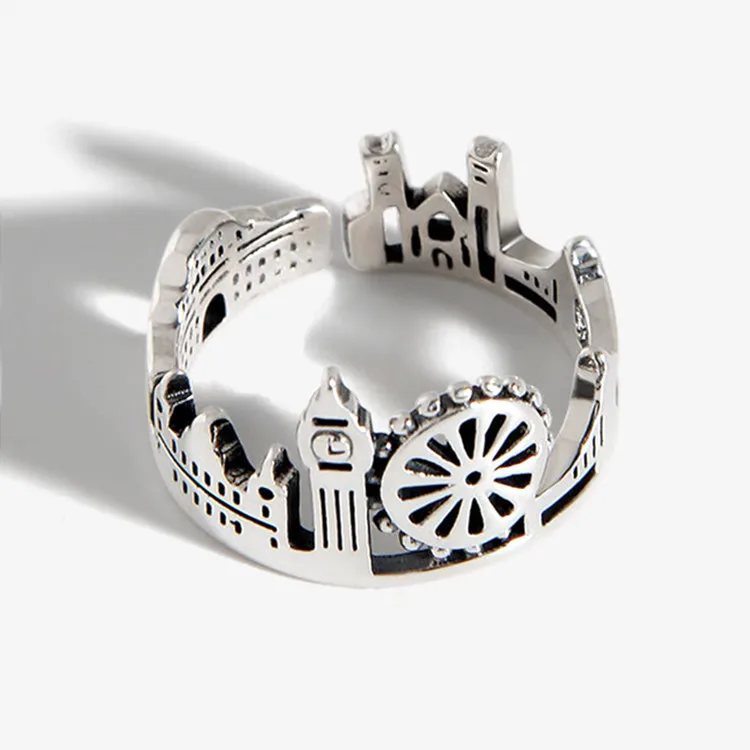 Personalized Castle Bridge Clock Tower Sky City Open Ring Trendy Air Garden Castle Adjustable Rings forWomen серебряное кольцо
