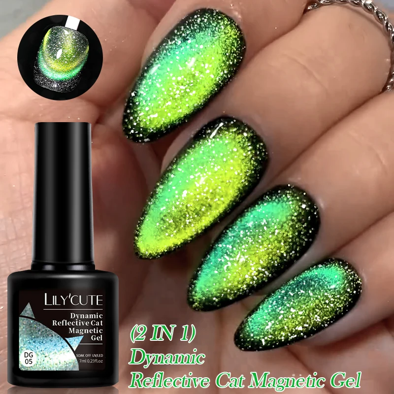 LILYCUTE 7ml Reflective Cat Magnetic Gel Nail Polish Dynamic Double Light Magnet Gel Polish Semi Permanent UV Gel For Nail Art