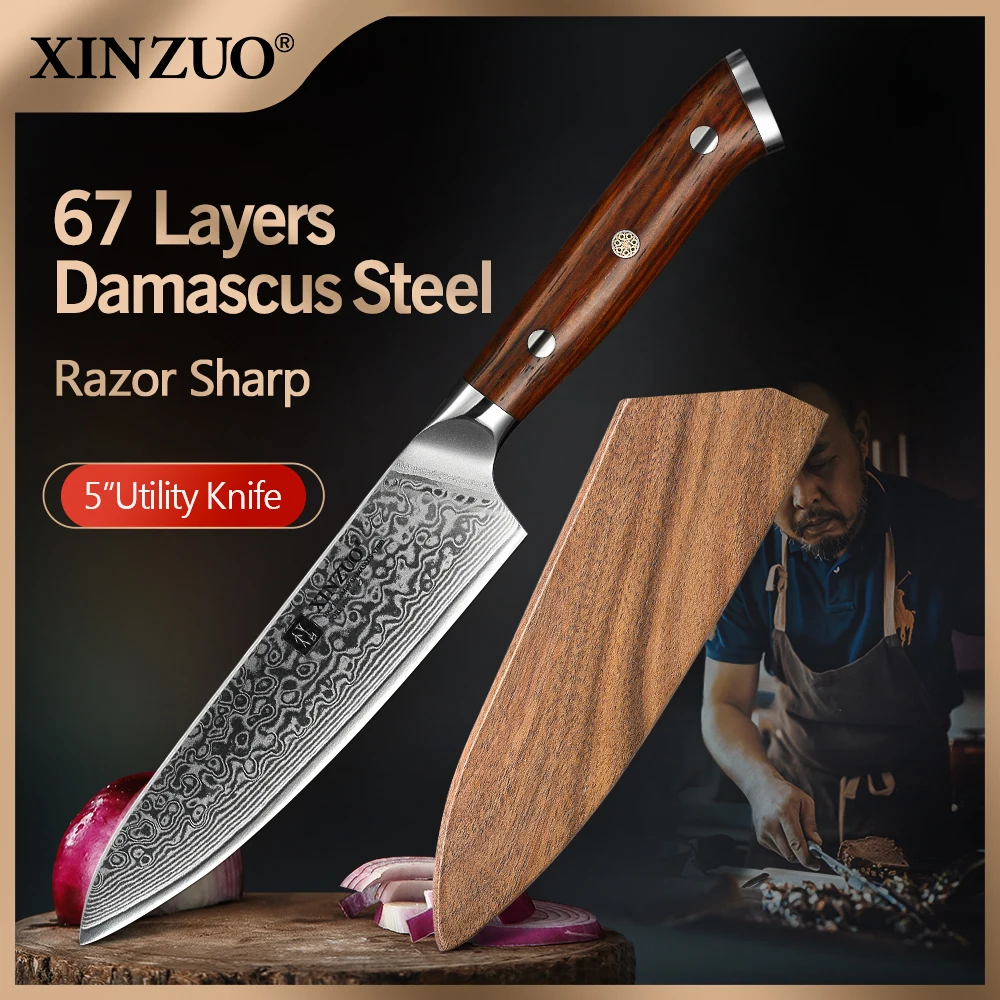 XINZUO 5 ''calowe noże użytkowe japoński nóż kuchenny ze stali damasceńskiej uchwyt z palisandru najlepiej sprzedający się mały nóż noże do gotowania owoców