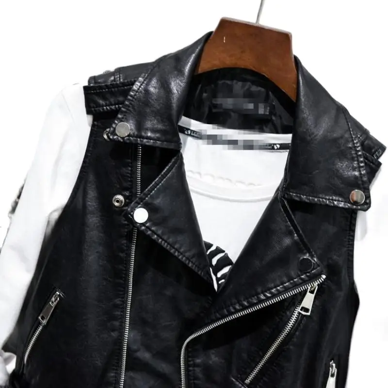 Hot Sale Black Sleeveless Pu Women Leather Jackets Winter Jacket Pu Belt Veste Motorcycle Jacket Waistcoat Vest Rivet Vests