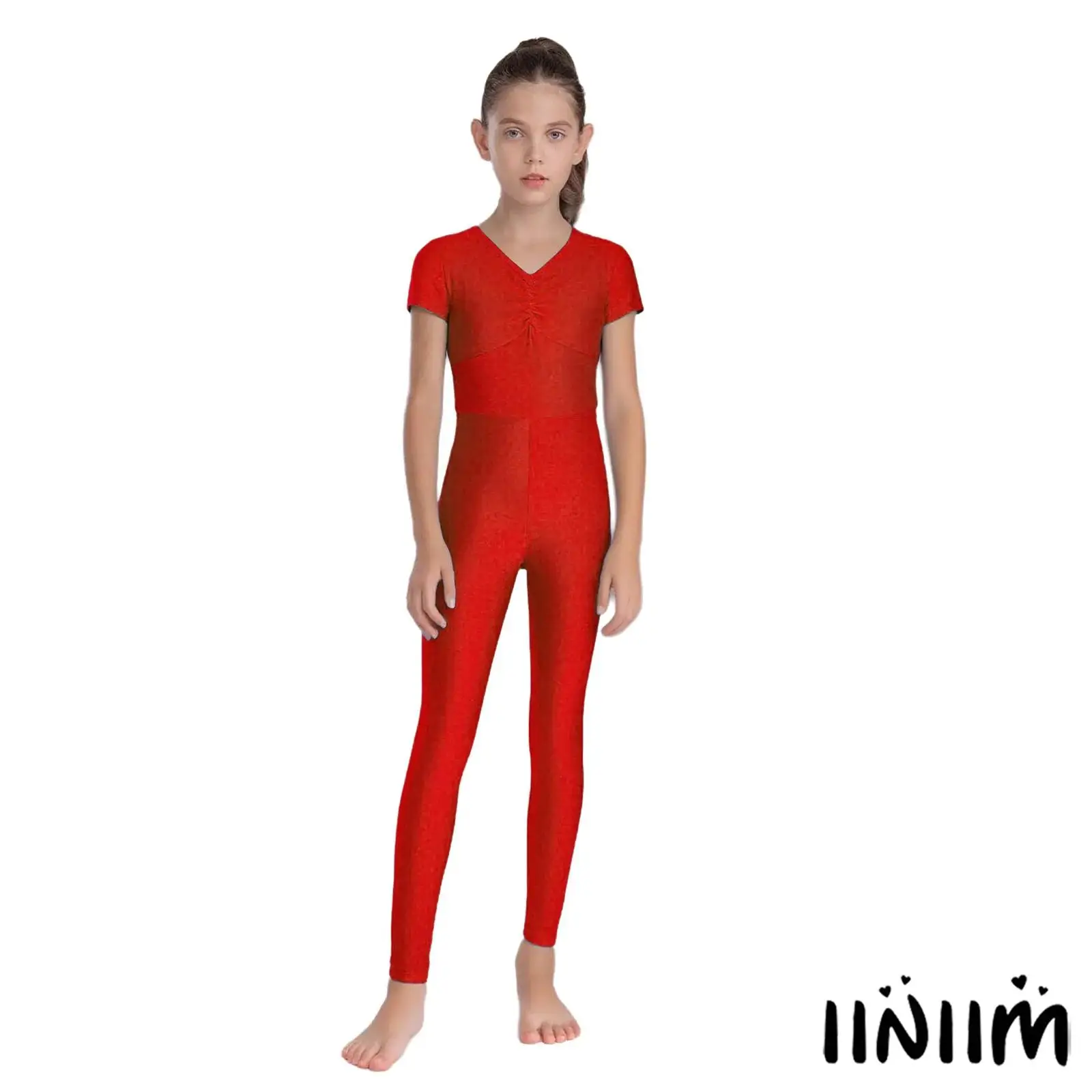 

Girls Dance Jumpsuit Ruched V Neck Short Sleeve Back Zipper Full Body Leotard for Gymnastics Figure Skating Ballet Performance