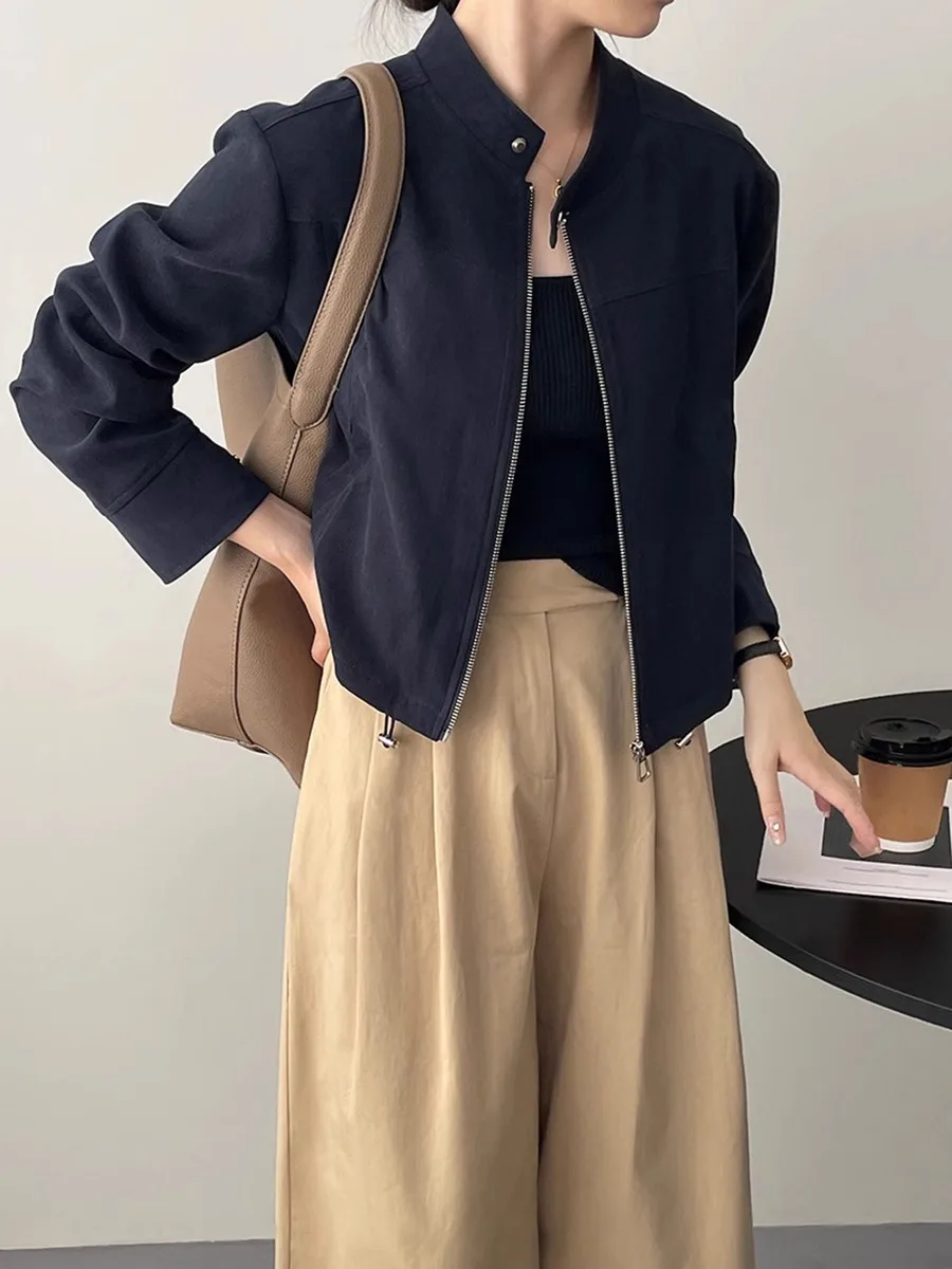 Retro American Suede Short Jacket Women's Autumn Winter Small Size Flight Jacket Elegant High-End Feeling Top Zipper Closure