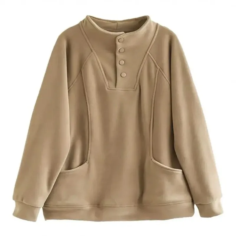 Sudadera térmica cálida para mujer, Top informal de manga larga con botones y cuello medio alto de terciopelo y poliéster