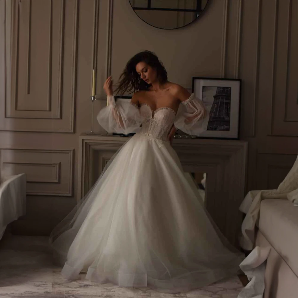 

Off the Shoulder Tulle Puffy Beaded Wedding Dress for Women A-line Court Wedding Gown with Removable Puff Sleeve robe de mariée