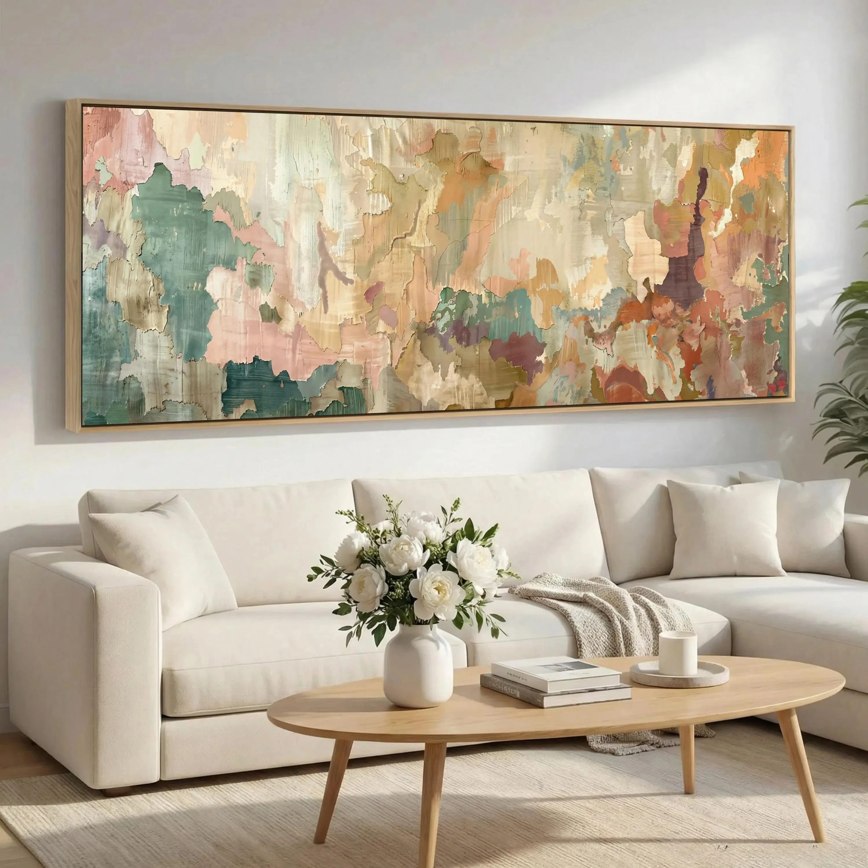 Horizontal Abstract Texture Canvas Wall Art,Muted Morandi Color Block Impasto Print,Wabi‑Sabi Modern Living Room Sofa Home Decor