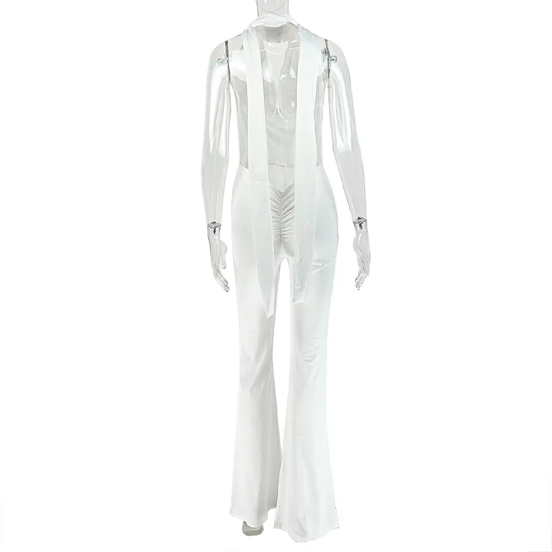Elegant White Tracksuits Set 1 Piece Outfits Womens Halter Neck Ruched Crop Top And Matching Pants Set Night Club Wear