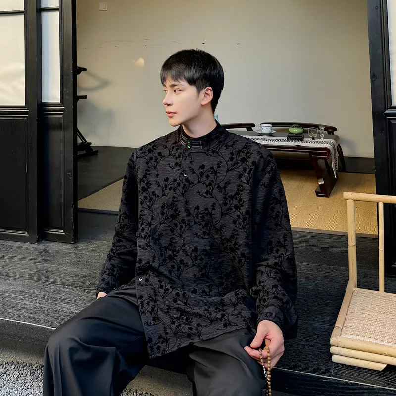 

New Chinese Sle Men's irt Young Adults Faion k Series Qing Dynas Tang Costume Long Sve Stand Collar Loose Fit