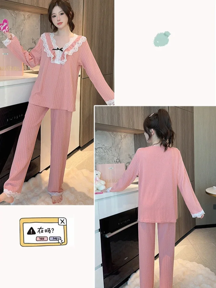 5XL Plus Size Women\'s Spring Pajamas Cotton Homewear Suit Korean Long-Sleeved Long Pants Loose Sleepwear Lace Sweet Loungewear