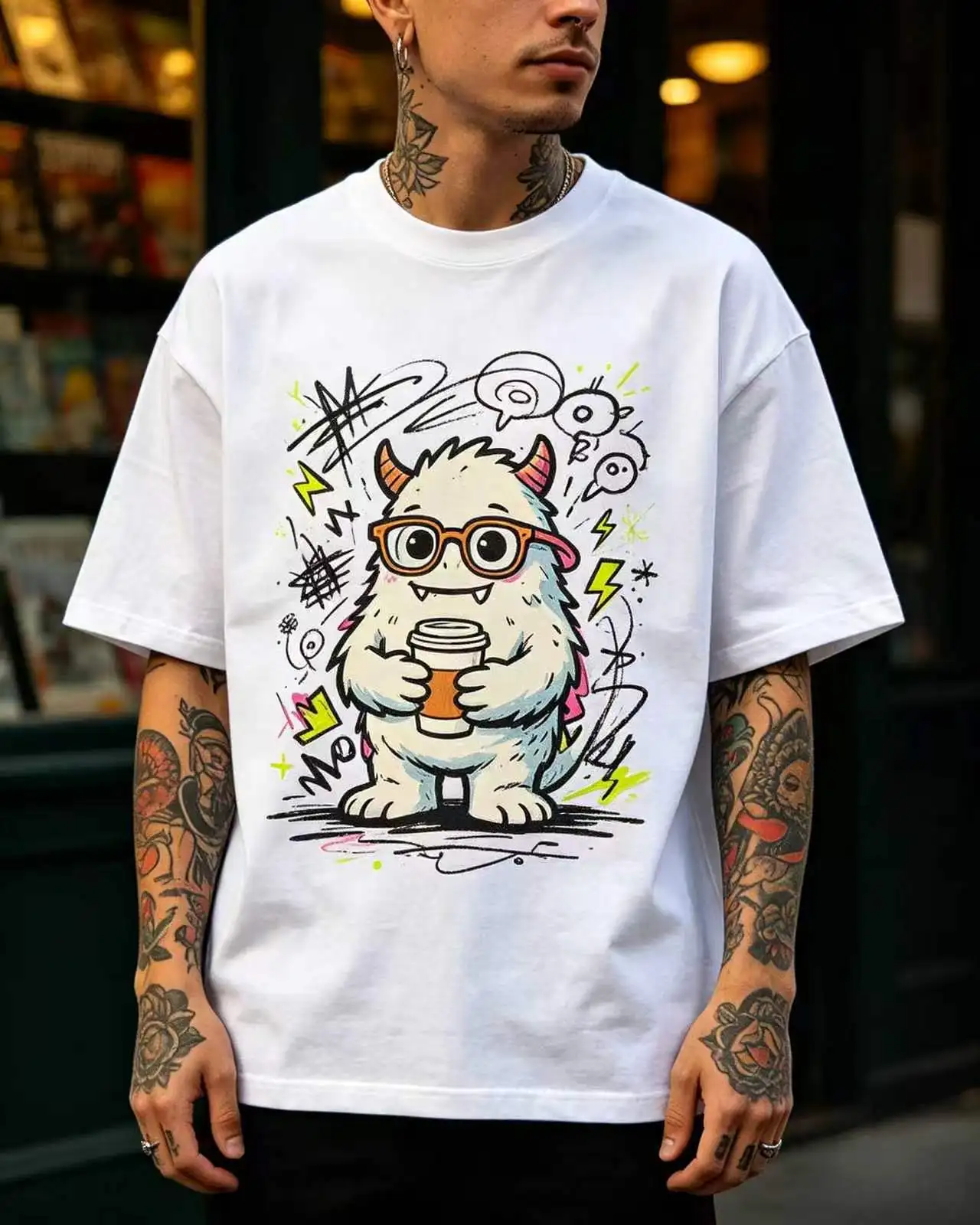 Unisex Cute Monster Coffee Cup Graffiti Graphic T‑Shirt Men Women Cartoon Street Style Oversized Cotton Tee