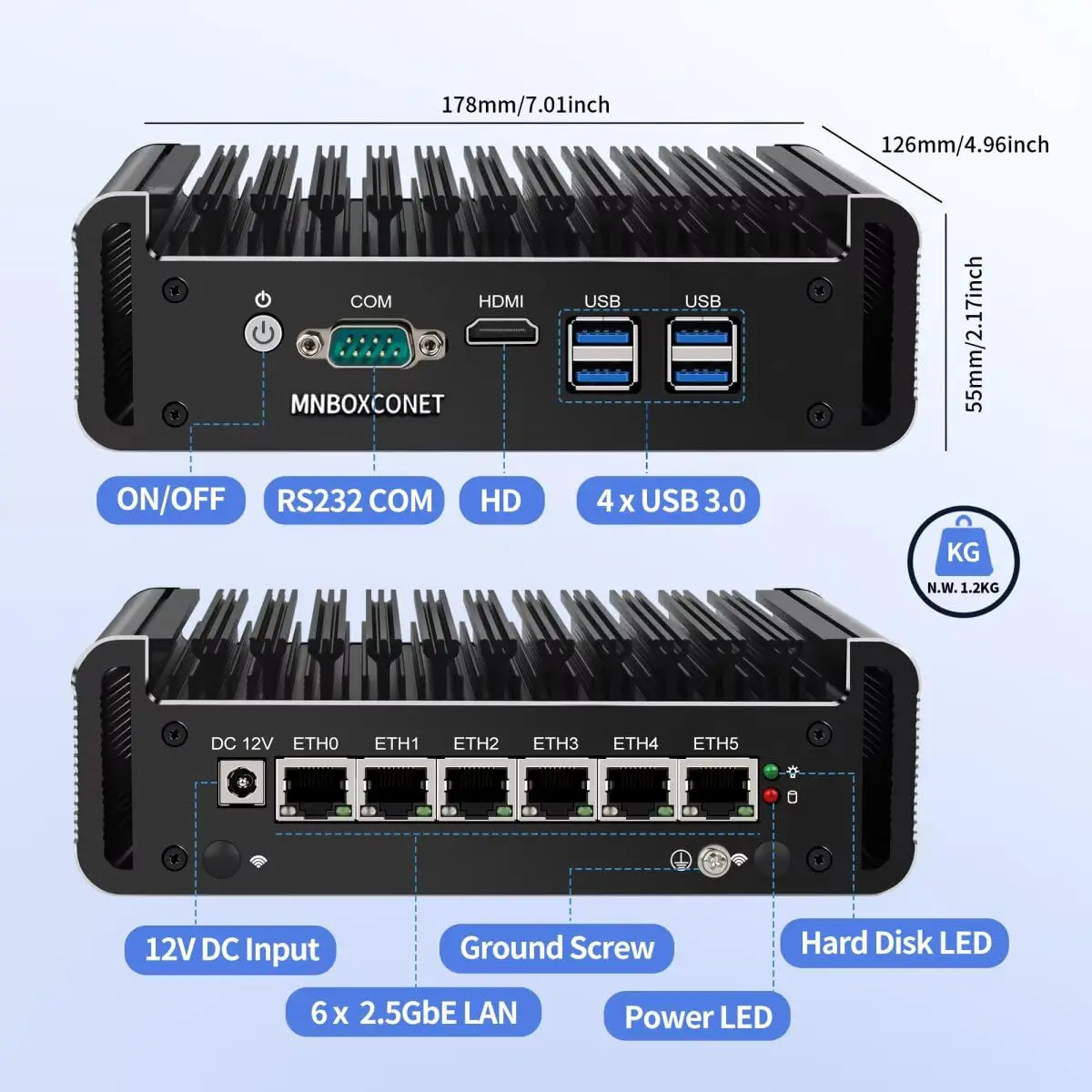 MNBOXCONET Mini PC Core i5-1135G7 Quad Core Firewall Fanless, Micro Apparecchio Industriale Hardware Computer 6 x 2.5GbE I226-V LAN