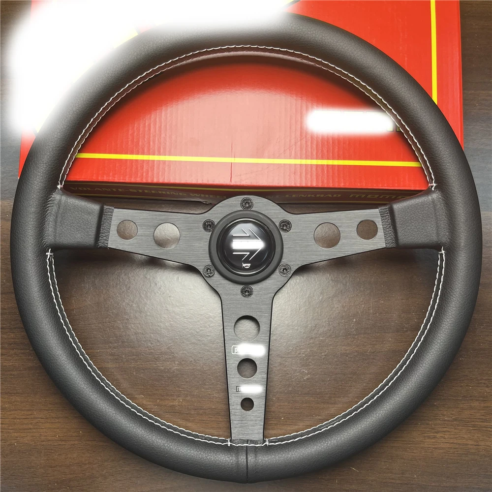 Car modified universal leather flat steering wheel 14inch/340mm For MOMO Prototipo Style pu Leather Racing Sport Steering Whee