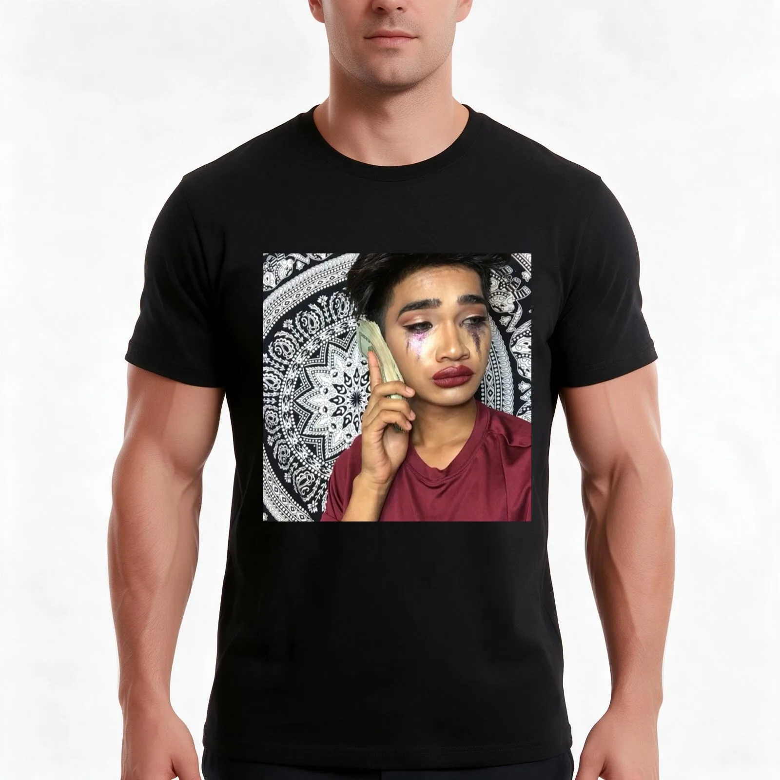 BretmanRock crying on money T-Shirt, Summer Casual Cotton Tee, Oversized Streetwear Tops, Vintage Graphic Print, 100% Cotton
