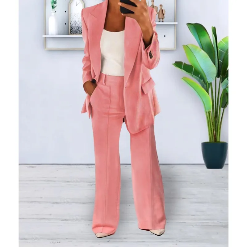 Women 2 Pieces Sets Casual Long Sleeve Blazer+Pant Lapel Slim-fit Solid Color Cardigan Style Suit Jacket Woman