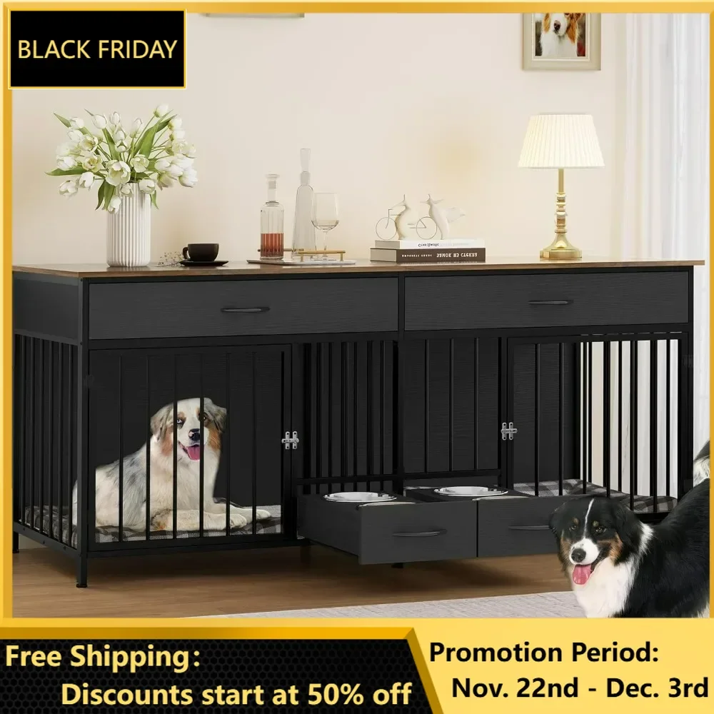 Dog Crate, Indoor Kennel for Large Breed with Storage Feeder, Wooden Pet Crate TV Stand Table for 2 Small Medium Dogs, Dog Crate