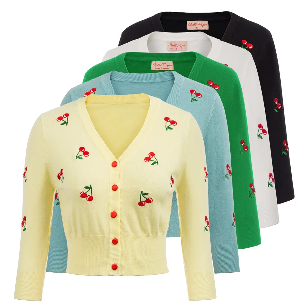 Women\'s Cardigan Cherries Embroidery 3/4 Sleeve V-Neck Slim Comfortable Fall Spring Shrug Bolero Cropped Knitting Coat Knitwear