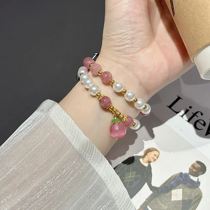 Correia de corrente de contas rosa para mulheres, pulseira, pingente de pêssego doce, Huawei GT4, GT3, GT2, ajuste 2, 18mm, 20mm, 22mm, 41mm