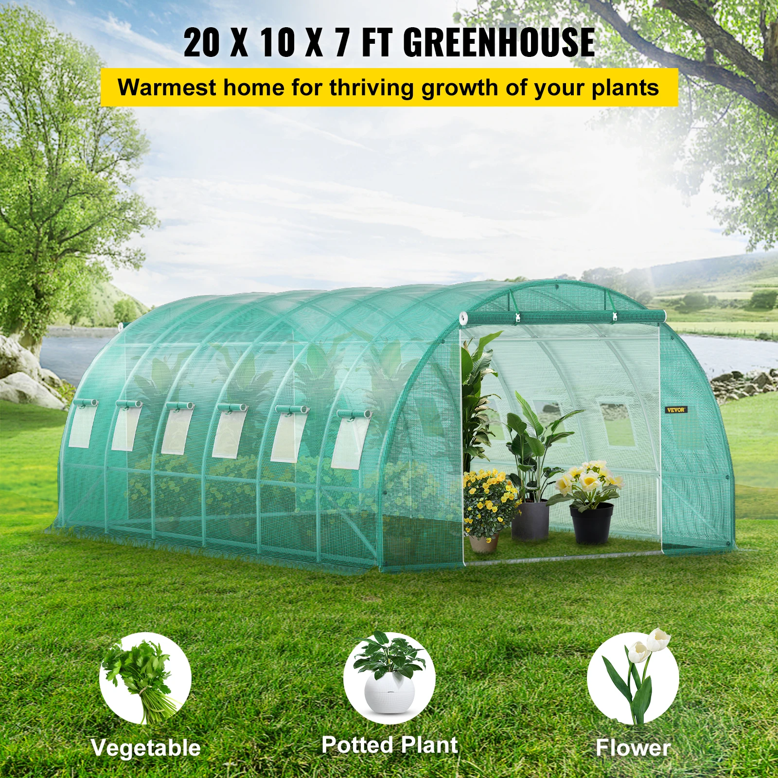 VEVOR Walk-in Tunnel Greenhouse 20 x 10 x 7 ft Portable Plant Hot House with Galvanized Steel Hoops, 3 Top Beams For Plants Grow