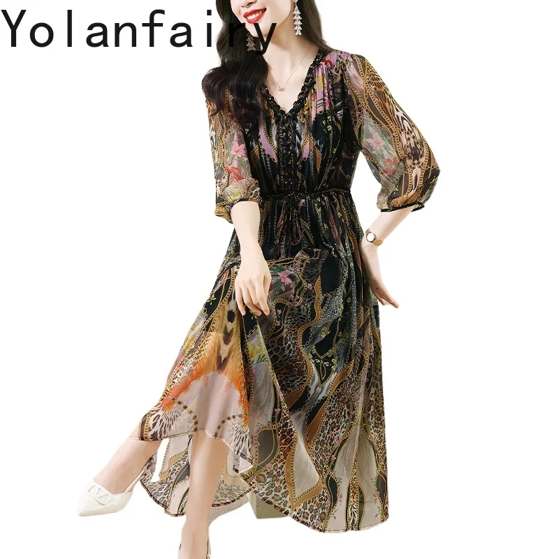 

YOLANFAIRY 100% Real Mulberry Silk Dress Women 2025 Autumn Vintage Long Floral Dress High-end Elegant Women's Dresses Vestidos