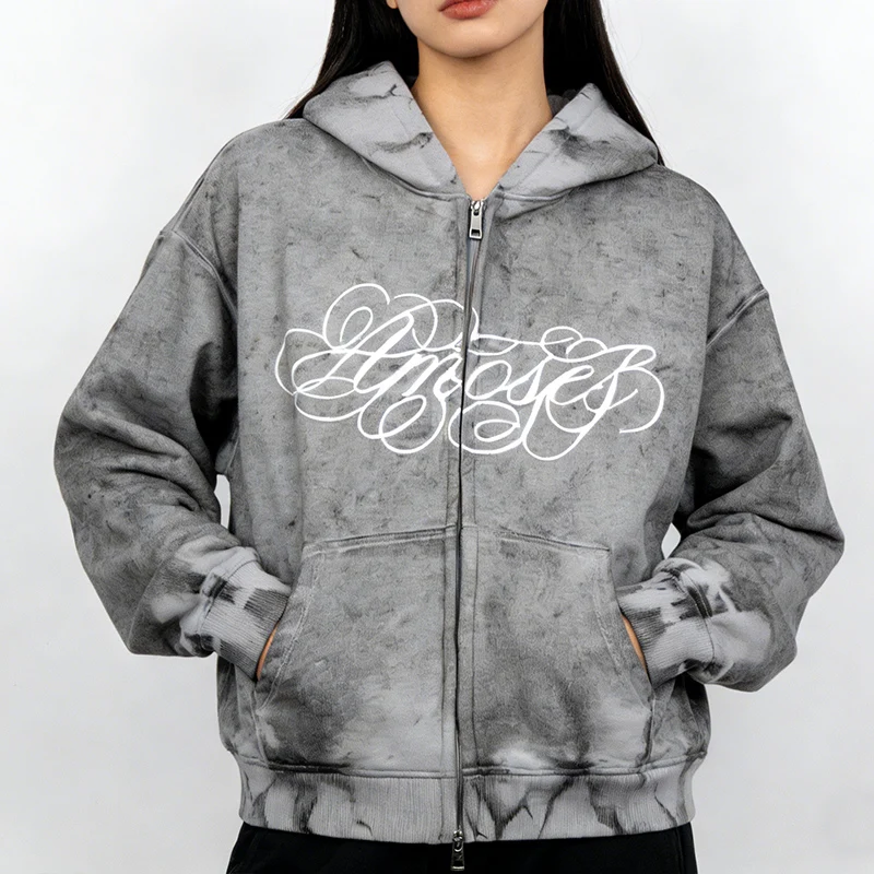 

European American Fashion Harajuku Vintage Street Hip Hop Punk Hoodies Autumn Winter Loose Long Sleeve Zipper Women Sweatshirt