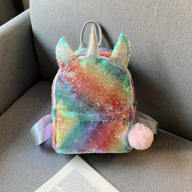 2025 New Fashion Women Bag Rainbow Cool Young Lady Fur Ball Cute Unicorn Shopping Bag Girl Sequined Backpack for Student School