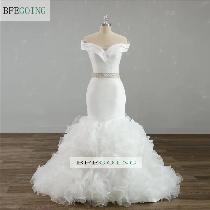 Mermaid/Trumpet Wedding Dresses Chapel Train Customized Off The Shoulder V-Neck Floor-Length Bridal Gowns