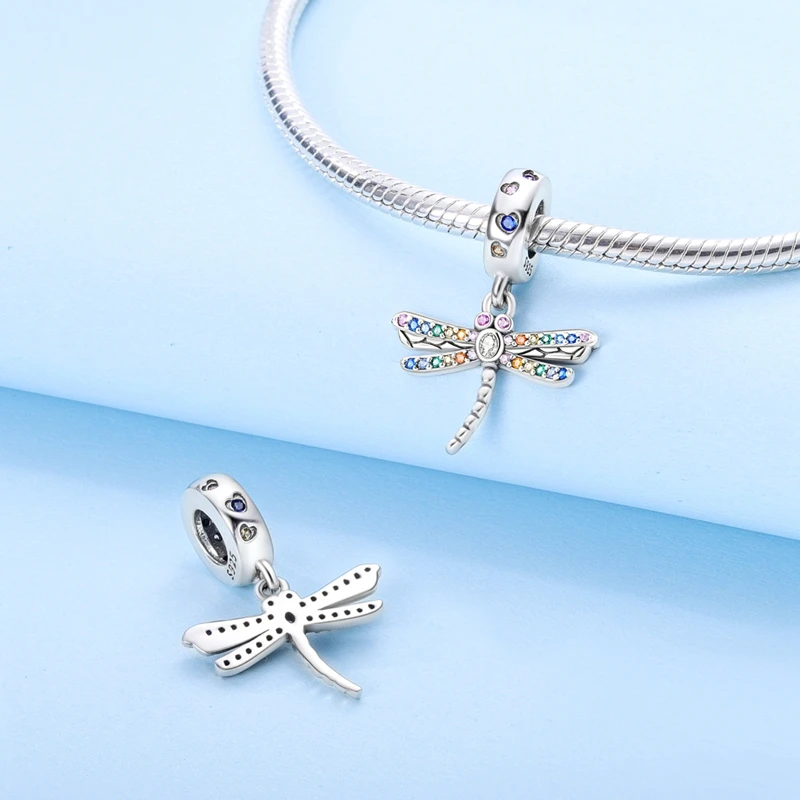 100% 925 Sterling Silver Exquisite Colored Dragonfly Charms Pendants Sparkling Zircon Fit Qikaola Original Bracelets DIY Jewelry image 4