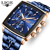 LIGE Top Brand Luxury Mens Watches Fashion Military Square Chronograph Quartz Wristwatches For Men Sports Waterproof Watch Men
