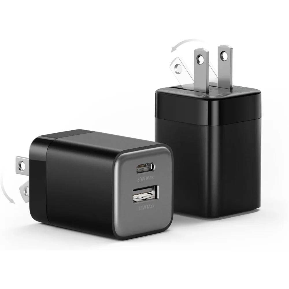 Compact Foldable Dual Port USB-C Charger, Compatible with iPhones, Samsung, iPads, 40% Smaller, Safer Nano Charger (2 Pack)