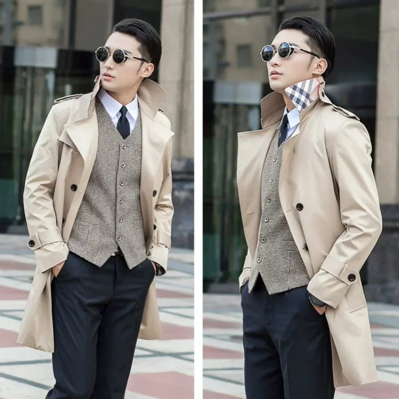 Men's Mid-Length Double-Breasted Slim-Fit Trench Coat British- Inspired Stylish Business Coat Medium-Long