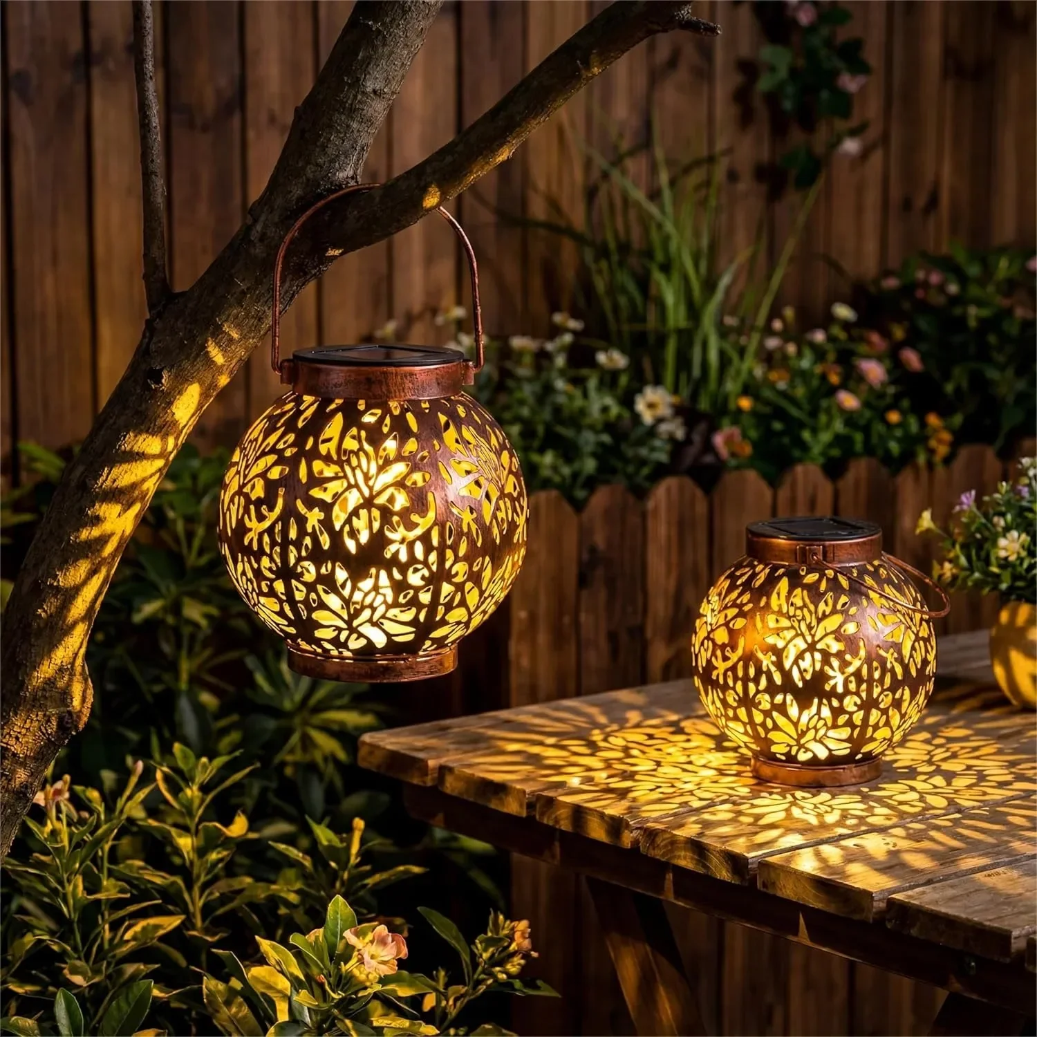

2 Pack Solar Hanging Lantern Lights, Waterproof Tabletop LED Moroccan Lanterns for Patio Garden Decor