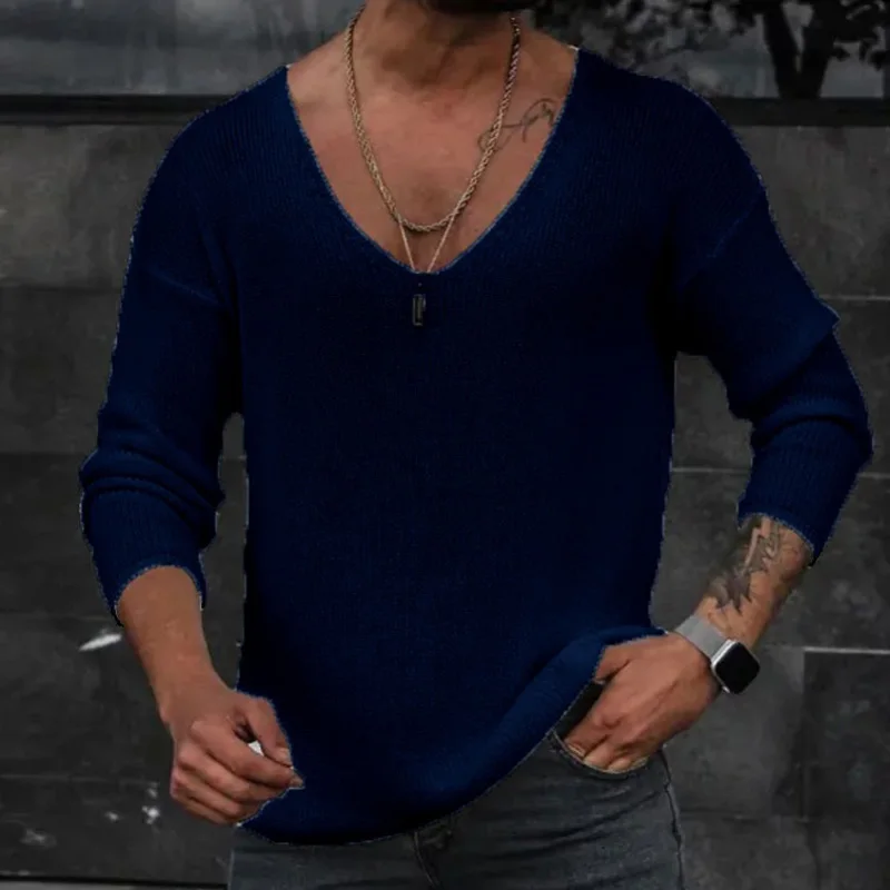 Men 2023 Spring V Neck Rib Bottoming T-shirts Pullover Autumn Long Sleeve Slim Fit Tees Tops Simple Casual Plain Thin Knit Shirt