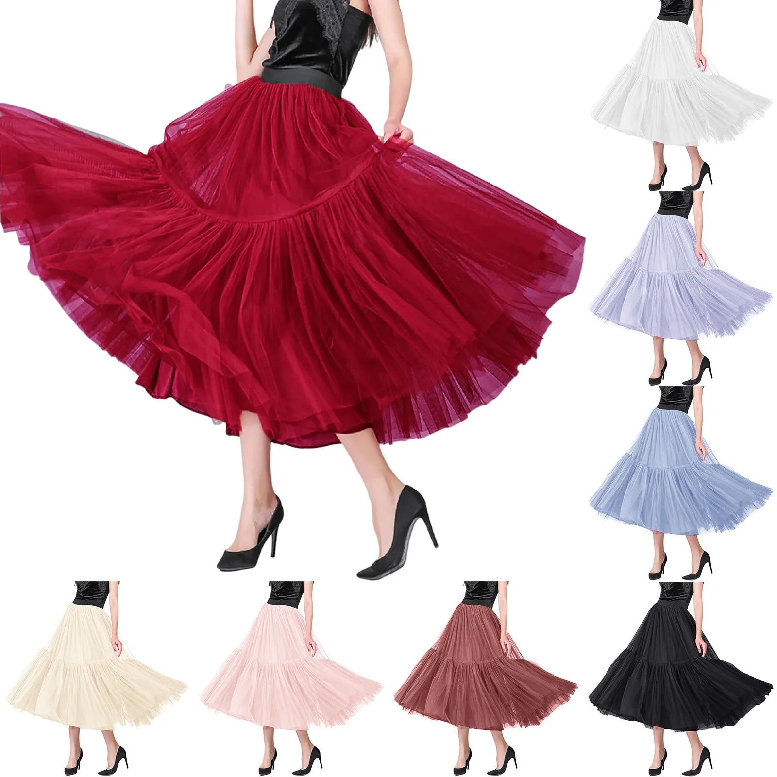 กระโปรง Tulle ผู้หญิงจีบตาข่าย 3 ชั้นเจ้าหญิง Tutu กระโปรงหวาน Bridesmaids Midi Elastic High เอว Line Party กระโปรง