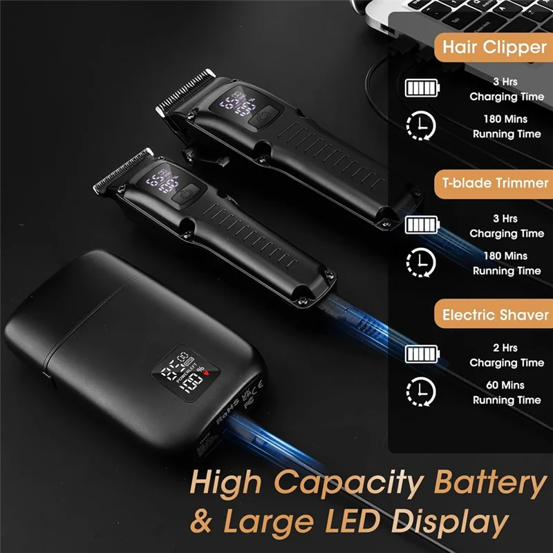 WHYY-Pemotong Rambut Profesional Pria, Pemangkas Jenggot Pemotong Rambut 3 In 1 dan Set Alat Cukur Listrik dengan Layar LED