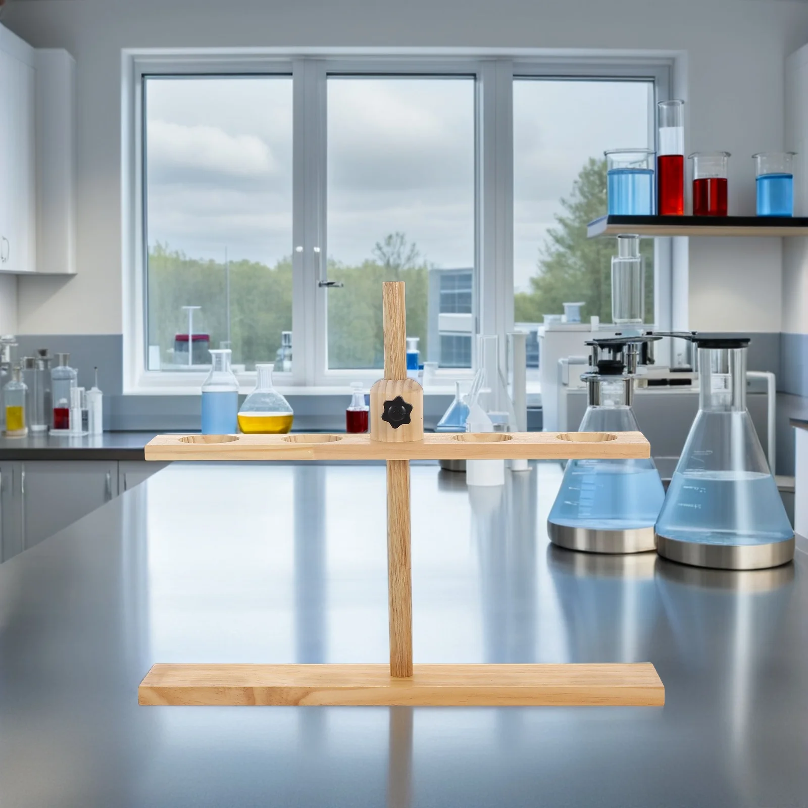 Durable Wooden Funnel Stand 4 Hole Adjustable Base for Lab Glassware Scientific Research Teaching Lab Accessories