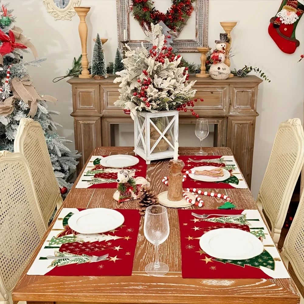 4 Stück Weihnachts-Tischsets, 45,7 x 30,5 cm, Set, Weihnachtsbaum, rote Tischdekoration, Winter-Sackleinen, Bauernhaus, saisonale Party-Dekoration, Matten