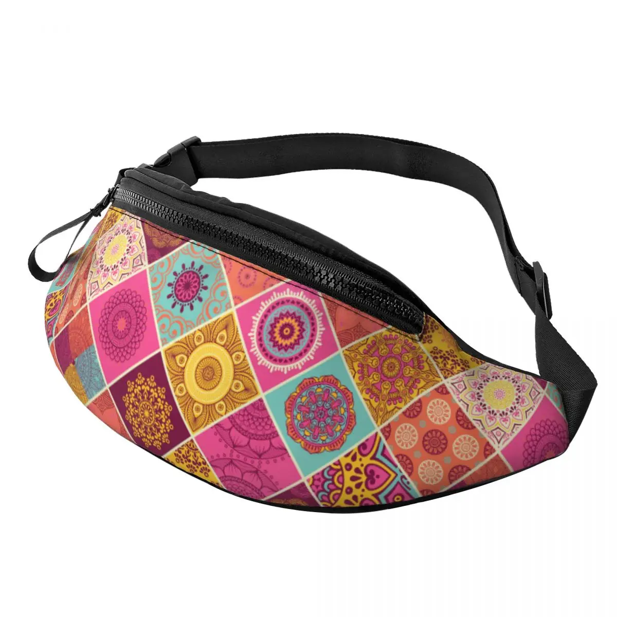 Cool Arabic Indian Ethnic Floral Mandalas Pattern Fanny Pack Men Women Crossbody Waist Bag for Camping Biking Phone Money Pouch