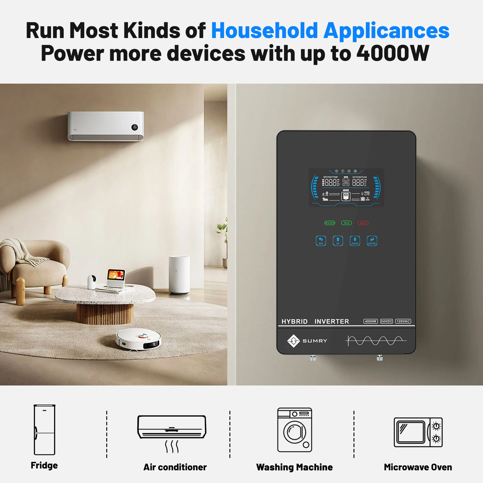 سومري الهجين العاكس للطاقة الشمسية 4000 واط 24 فولت 140A حماية من الحمل الزائد موجة جيبية نقية العاكس للطاقة الشمسية 5600 واط MPPT شاحن بالطاقة الشمسية