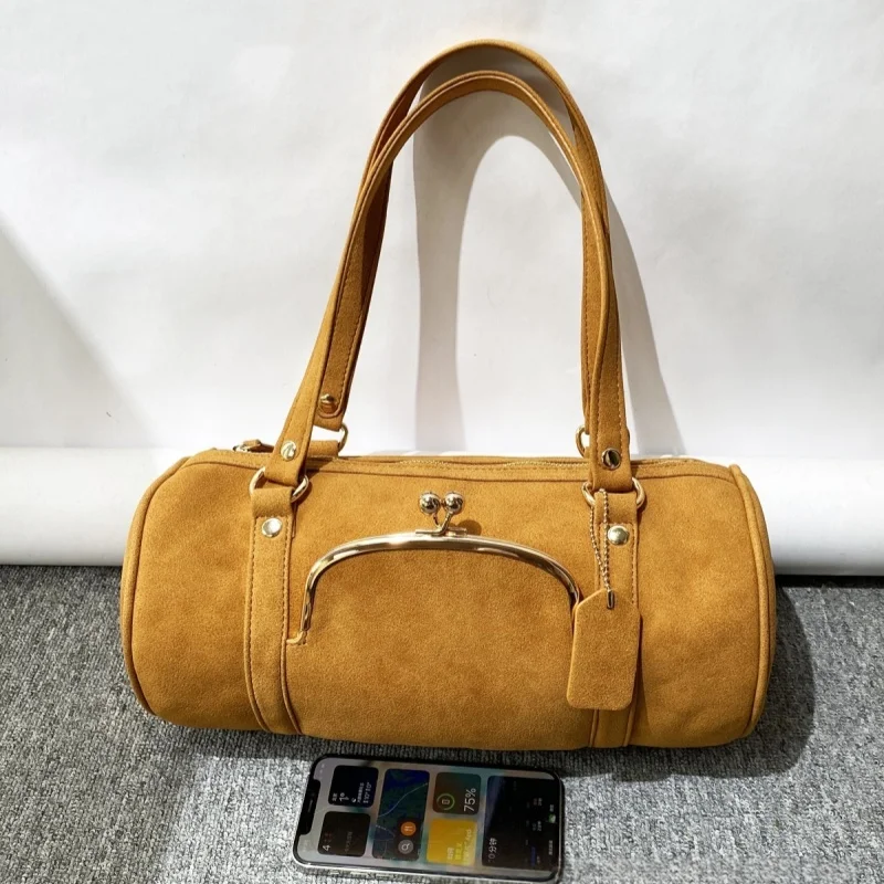 

Frosted Barrel-shaped Kisslock Clip Bags Retro Suede Handbag Luxury Designer Pillow Bags for Women Fashion Shoulder Bag