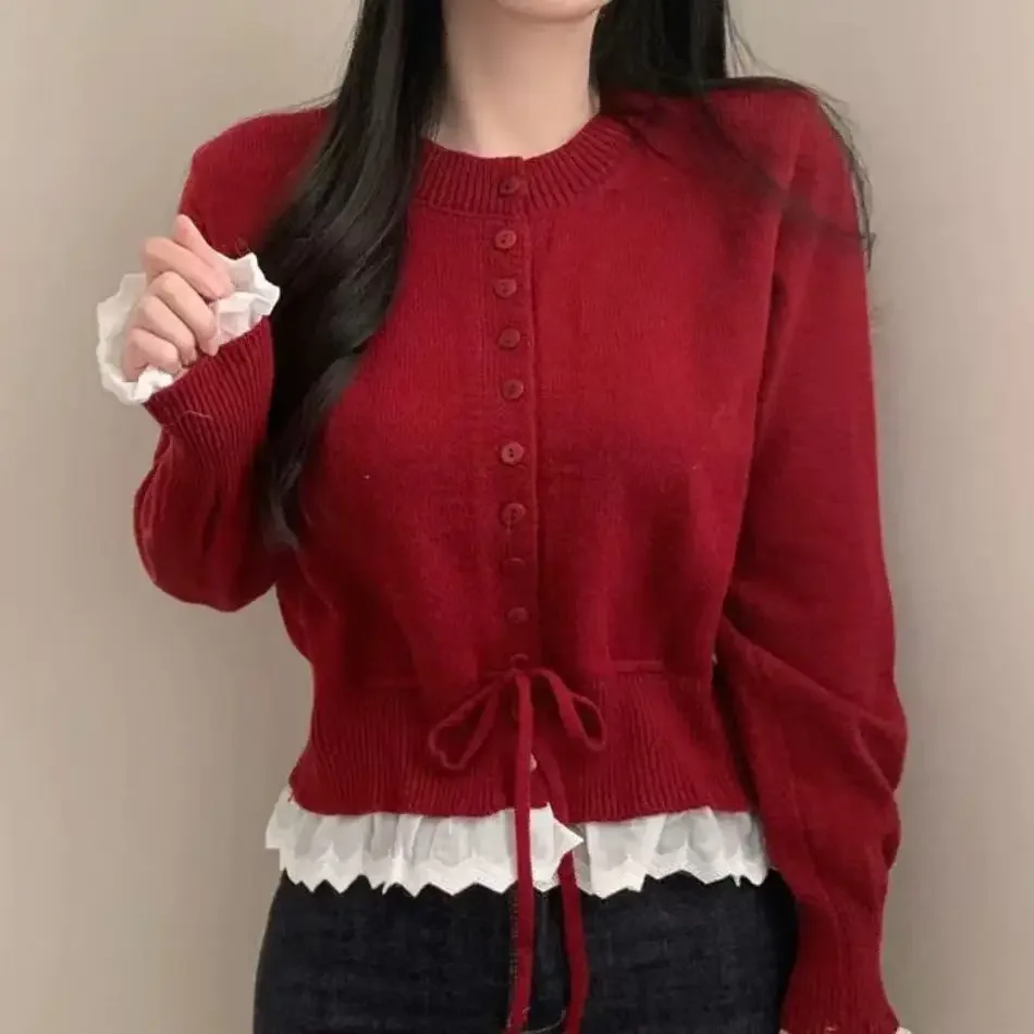

spring autumn Short Cardigan jackets Loose Crew Neck Lace splicing fake two pieces Knitted Sweater korean casual Sweaters Women