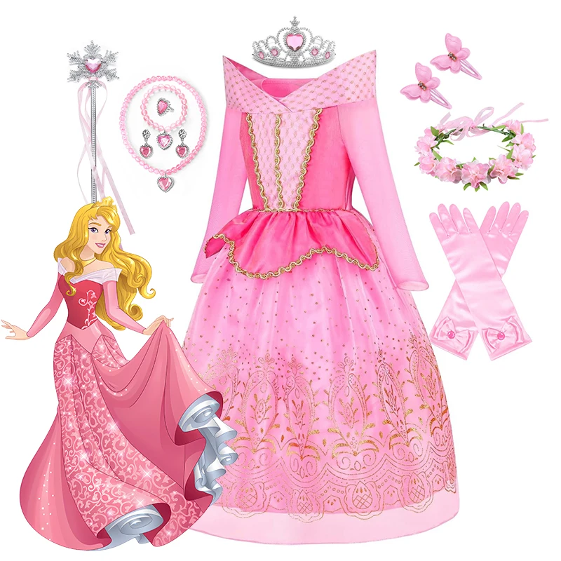 Vestido de princesa Aurora Bella Durmiente de Disney, Cosplay con hombros descubiertos, regalos para niños, conjunto de vestido de encaje para fiesta de Halloween para niña y bebé