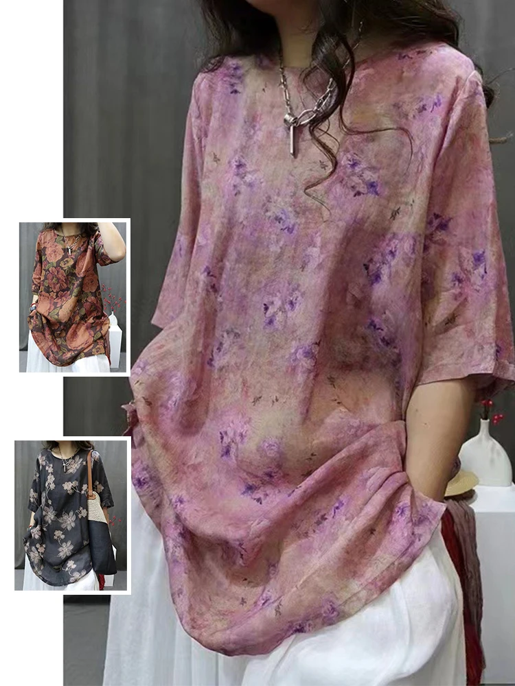 Retro Flax Print Midi Shirt plus Size Women's Ethnic Style round Neck Half Sleeve Loose Thin Floral Top Summer Commute Cotton