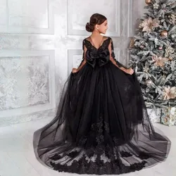 Black Flower Girl Dresses for Wedding Tulle Lace Appliques Full Length Girl Kids Birthday Ball Gown First Holy Communion Gowns