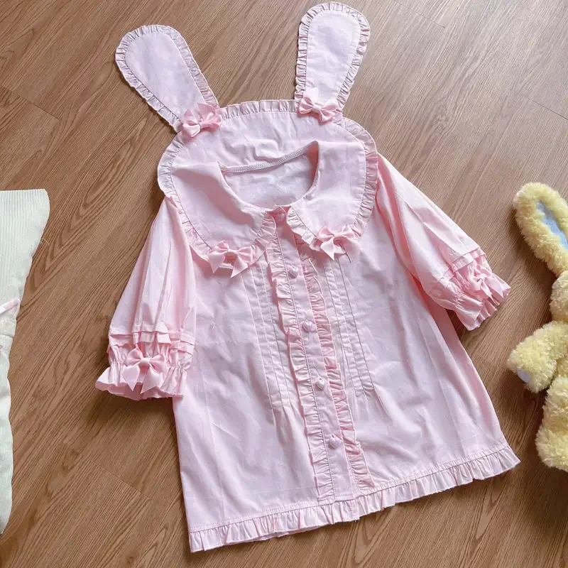 Japanese Soft Girl Sweet Cute Lolita Shirt with  Bunny Bow Short Sleeved Student Top Shirt 3 Colors