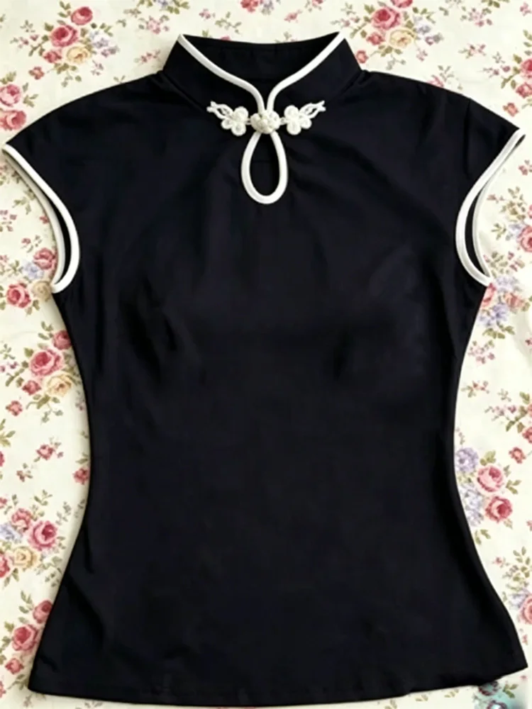 Summer Women Elegant Office Cheongsam Inspired Contrast Trim Mandarin Collar Keyhole Frog Knot Sleeveless Form Fitted T-shirt