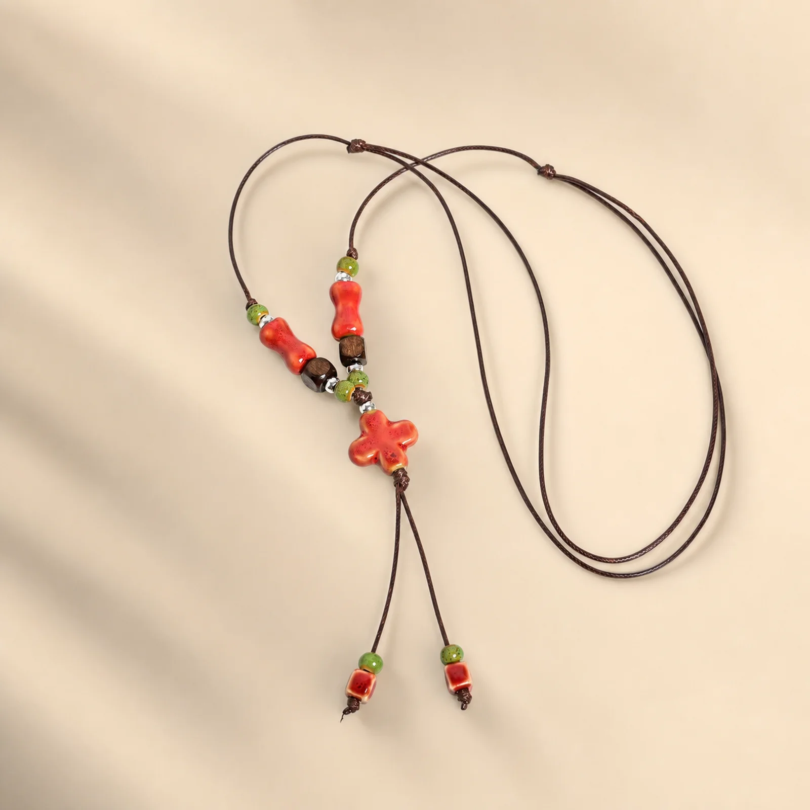 Handmade Ceramic Cross Necklace Adjustable Wax Cord Braided Pendant with Bone Bead and Metal Accessories Y260719-16