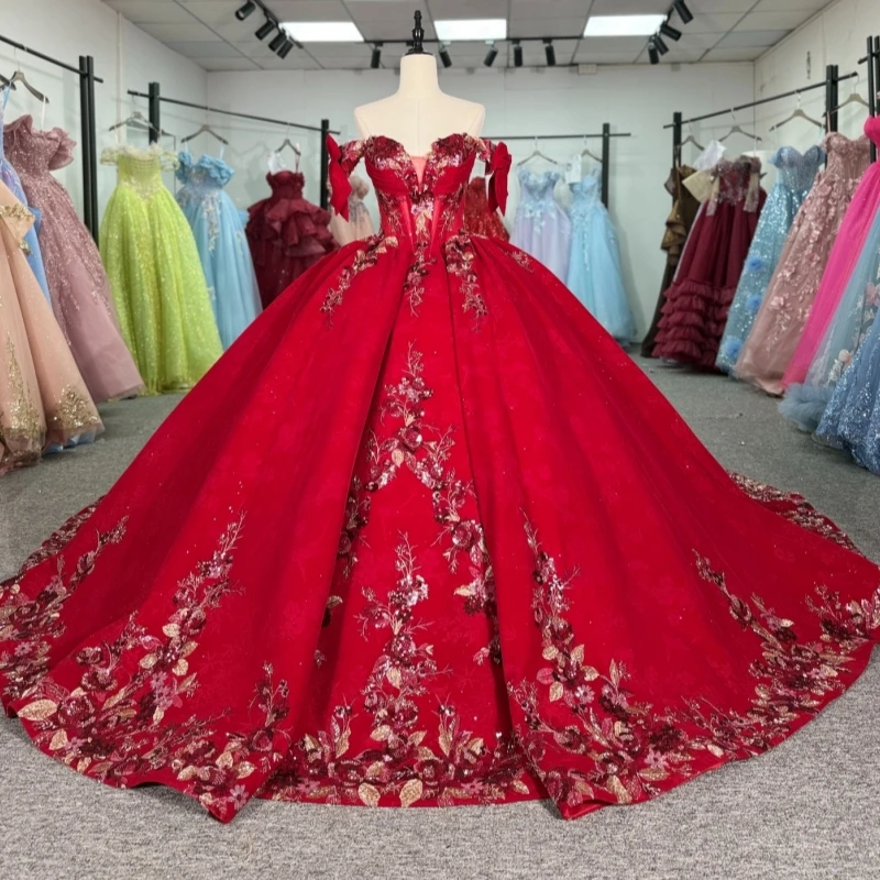 

Red Shiny Quinceanera Dresses Off The Shoulder Applique Lace Beads Tull Corset Party Birthday Sweet 16 Dress Vestidos 15 De Anos