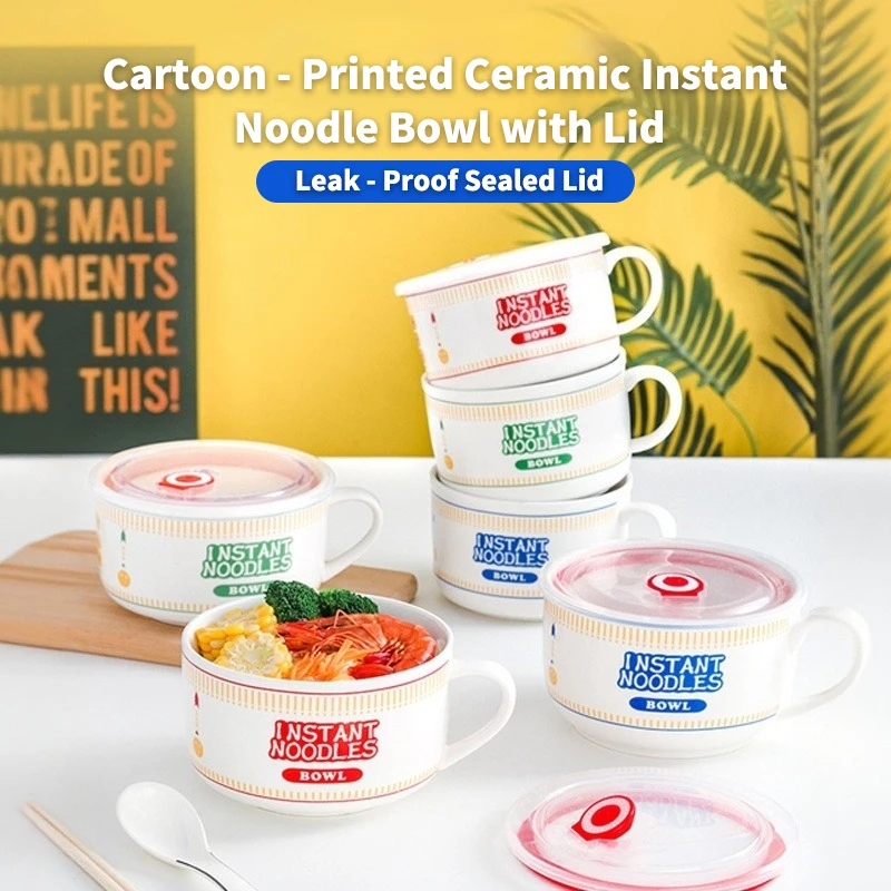 

Cartoon - Printed Ceramic Instant Noodle Bowl with Lid, Single - Handle & Large Capacity home dormitory bento box soup bowl