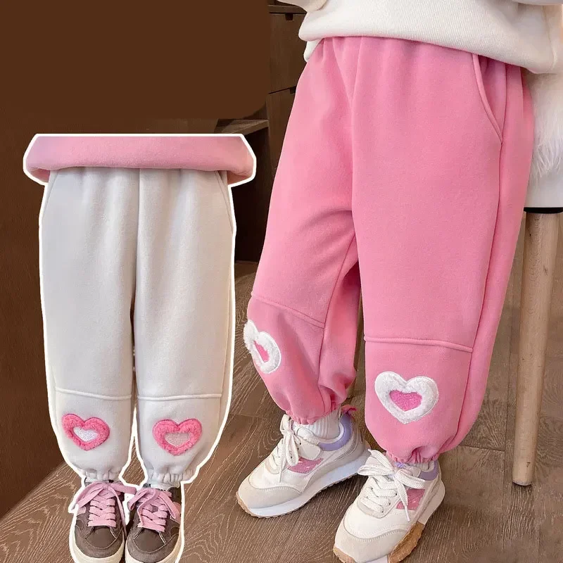 Girls Fleece Pants Warm Trousers for Kids Love Heart Children Trousers 2024 Fall Winter Baby Thicken Clothing Korean Style