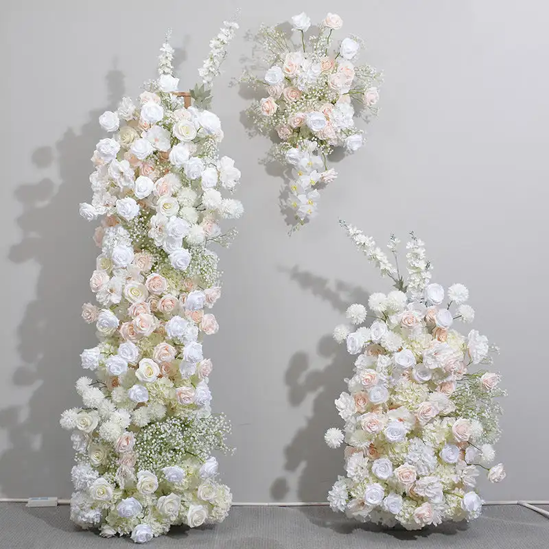 Custom series Champagne Rose Green leaves artificial mixed flower Corner arch outdoor wedding background decoration stage settin